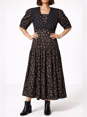 Leslie Lucks Vintage Midi Dress Size 4 Black Gold Floral Sailor Collar